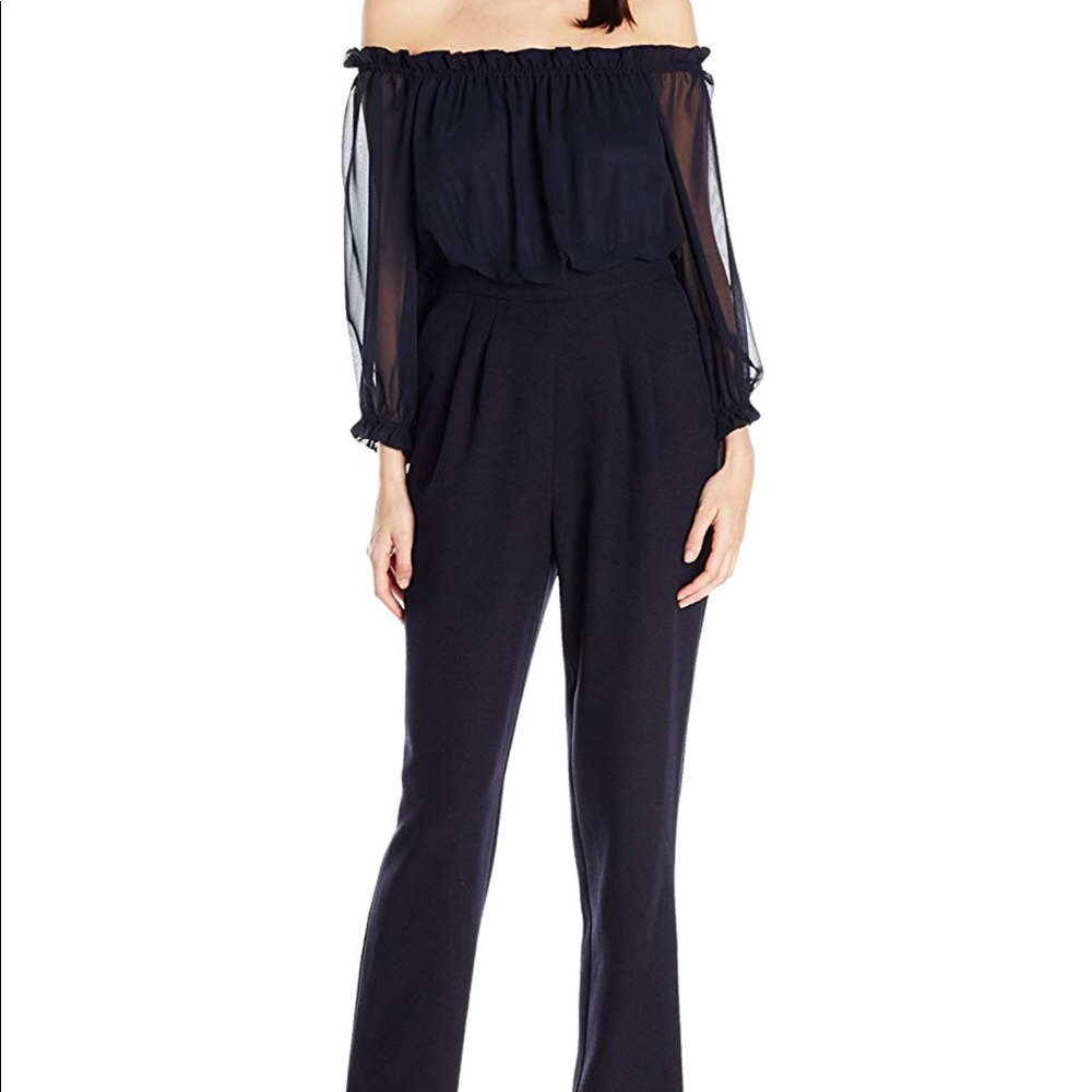 Eliza J Blue Ruffle Off The Shoulder Jumpsuit